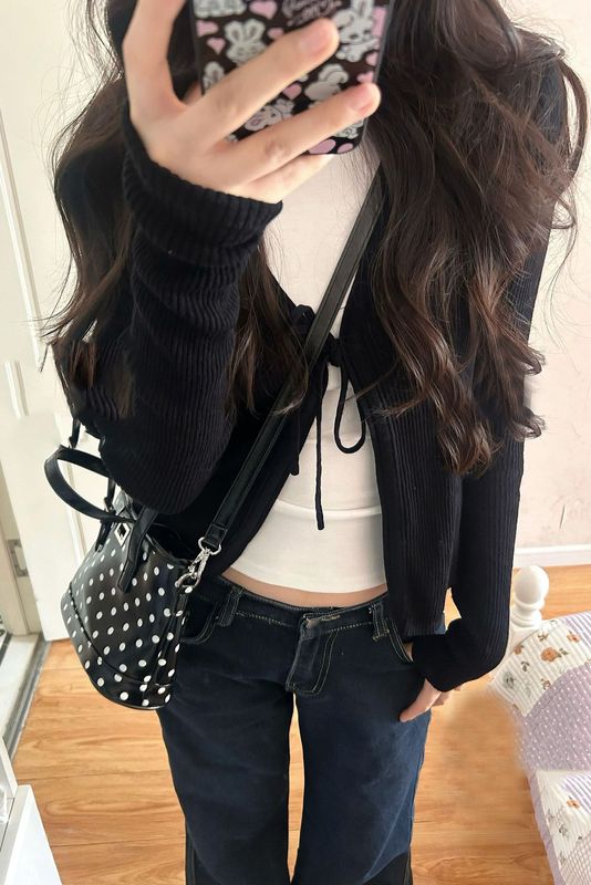 韩系巨好看的早秋穿搭黑色系带针织衫开衫上衣女2025外搭毛衣外套|undefined