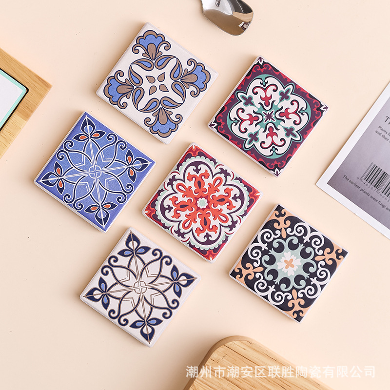 5.7cm复古花砖陶瓷冰箱贴批发DIY民族风UV印刷亚马逊跨境方形创意