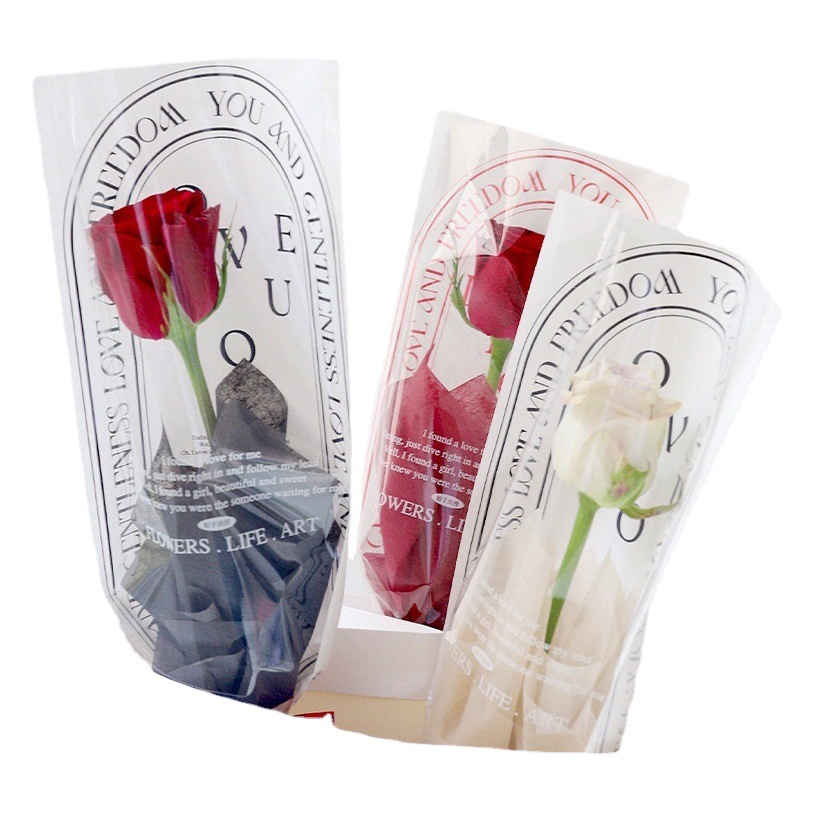 Inglés opp bolsa de flores bolsa de flores al por mayor bolsa de flores del día de San Valentín material de flores bolsa de embalaje de ramo único recubierto de película impermeable