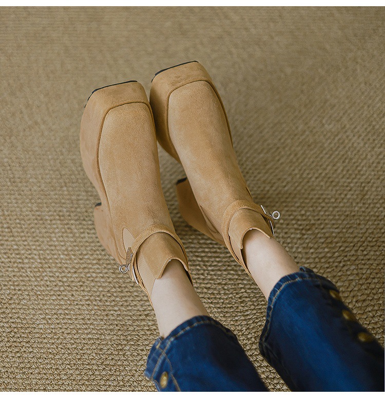 Boot Chelsea nữ cổ thun đế xuồng gót vuông mũi vuông phong cách bụi — Lót đơn màu hạnh chi tiết 8