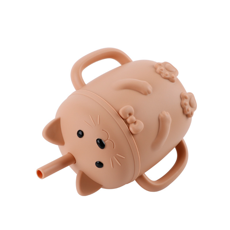 Cross-Border New Baby Cat Cup de silicona BPA GRATIS suplemento alimenticio taza de paja taza de bebida resistente a la caída gato de dibujos animados