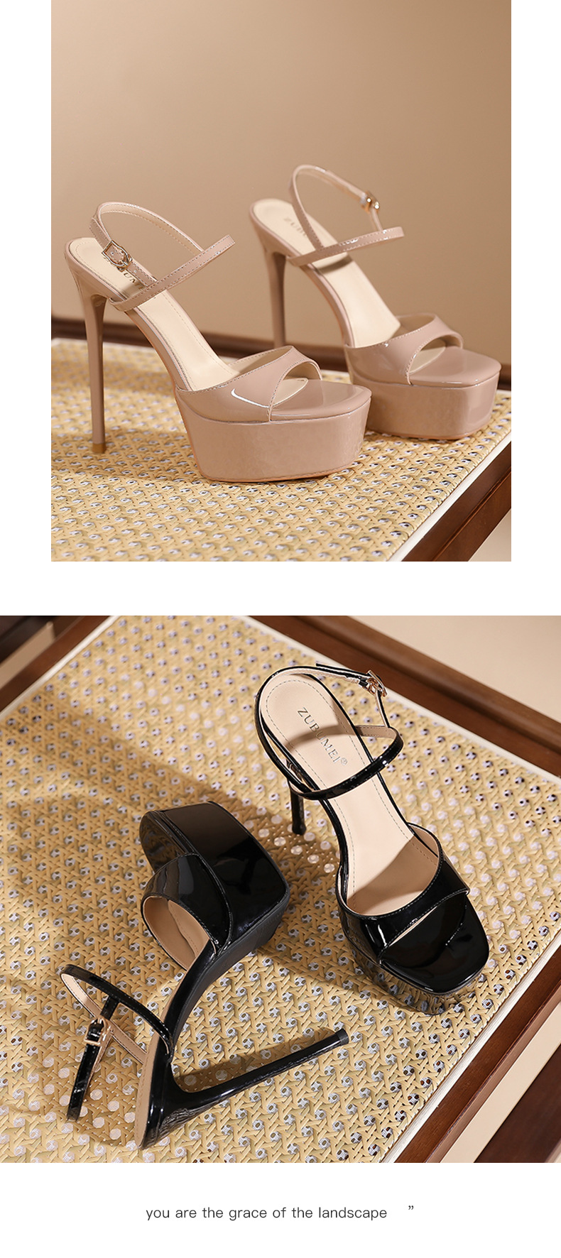Sandal cao gót nữ mũi vuông hở mũi, gót 14 cm, đế chống thấm nước — Bột màu khỏa thân-14cm chi tiết 8