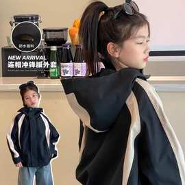 女童冲锋衣外套春秋款2024新款韩版儿童洋气风衣女孩时髦防风上衣