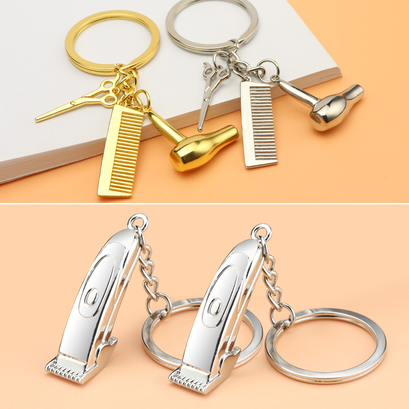 창조적 인 세척, 절단 및 불기 키 체인 맞춤형 뷰티 살롱 시뮬레이션 도구 빗 가위 푸시 가위 키 체인 작은 선물
