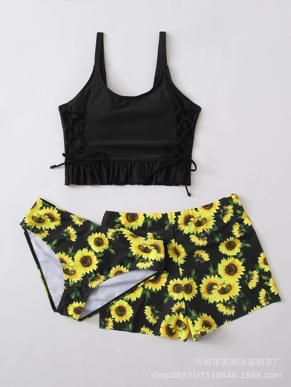 Mingyi nueva moda europea y americana sexy Bikini correa de hombro doble impresa pantalones dobles traje de baño de tres piezas para mujer