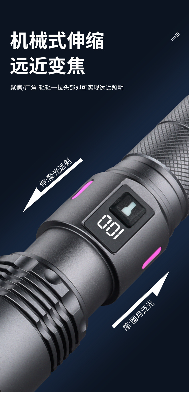 White Laser Zoom Long-Range Strong Light Flashlight with Display Screen, Rechargeable, Ultra-Bright, Large Floodlight, Fill Light for Outdoor Photography