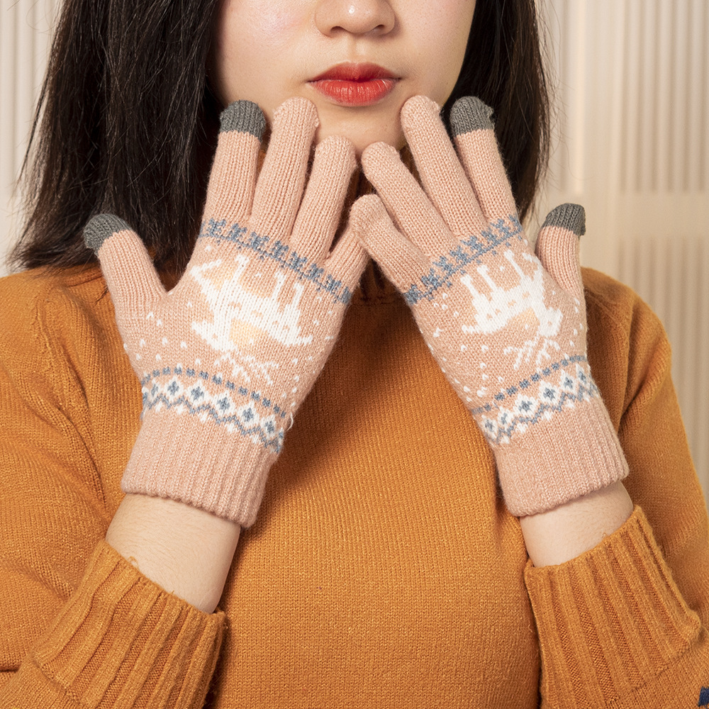 Guantes de pantalla táctil de invierno de doble capa engrosada cálidos guantes forrados de lana para hombres y mujeres guantes de punto jacquard de ciervo