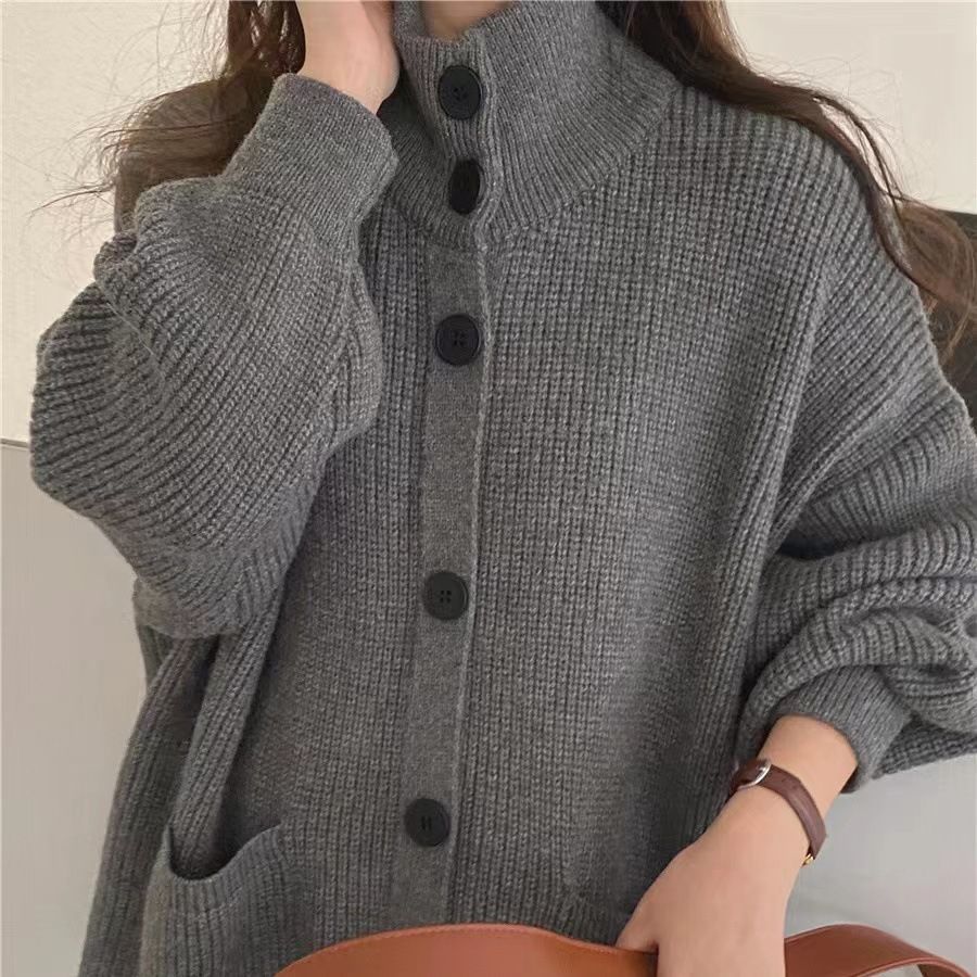 Corea del Sur chic2023 otoño y el invierno nuevo espesado caliente suelta perezoso estilo turtleneck punto cardigan suéter para las mujeres