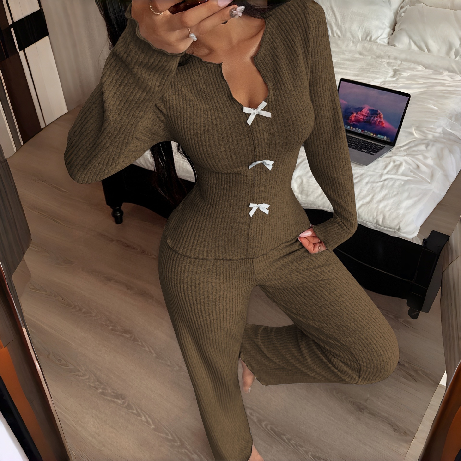 Women's Bow Knit Pajamas - V-Neck Long Sleeve Top & Pants Set, Fashionable Home Wear_voghion.com