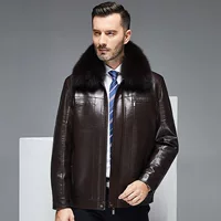 Men's demi‑season genuine leather jacket, fur collar (regular or rabbit), zipper, sizes 170/M–190/XXXL