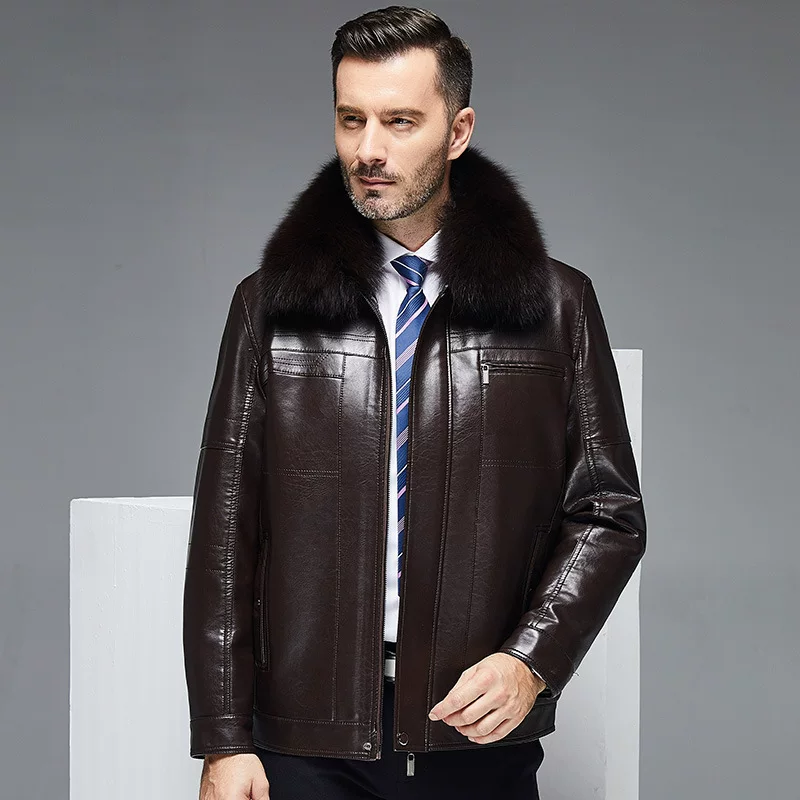 Men's demi‑season genuine leather jacket, fur collar (regular or rabbit), zipper, sizes 170/M–190/XXXL