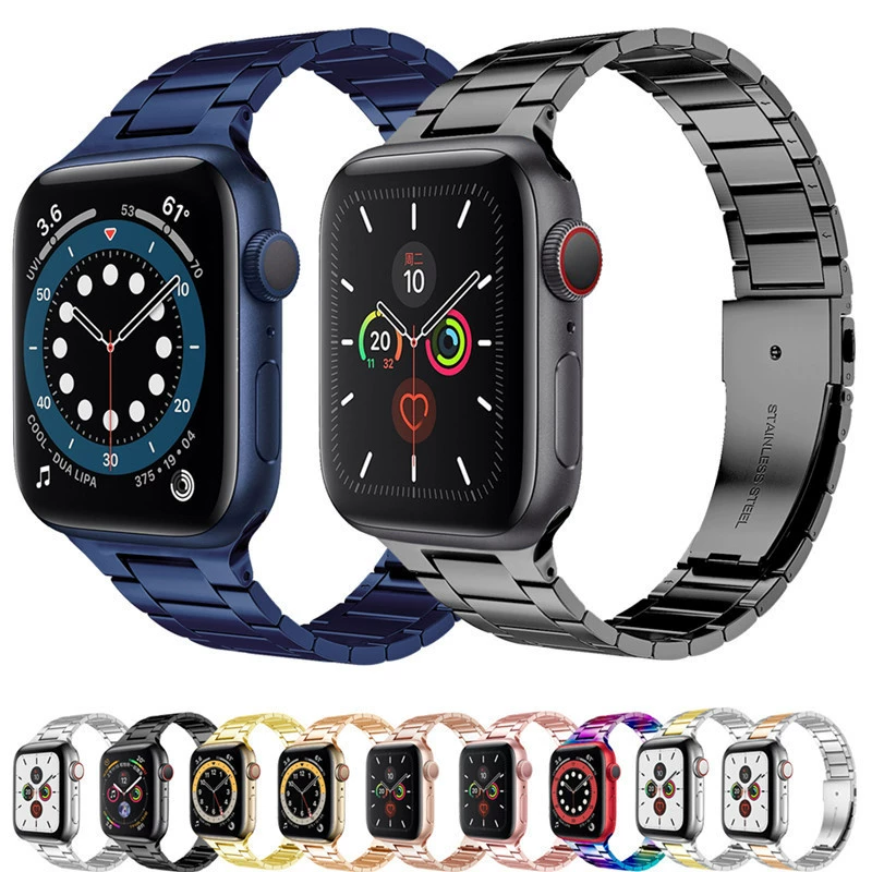 Подходит для Apple Watch 9/8/7/6/5, цельный ультратонкий трёхзвенный стальной браслет для Apple Watch