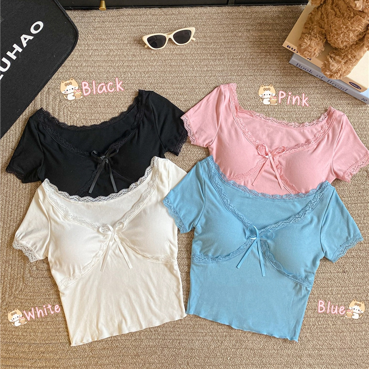 Summer solid color lace design top with cups with bow