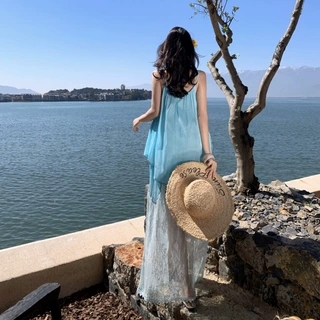 海边度假风穿搭一整套女夏季纯欲风吊带上衣蕾丝拼接半身裙两件套