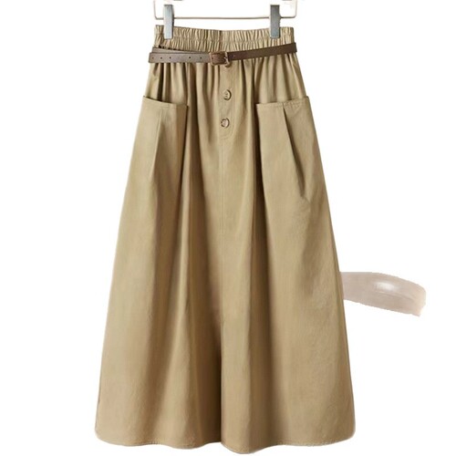 Cotton skirt for women 2025 summer new elastic waist large pockets over the knee casual high waist slimming A-line skirt