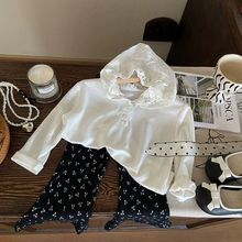 韩版童装新款春季女童蕾丝长袖T恤洋气连帽上衣套装潮型0055A083