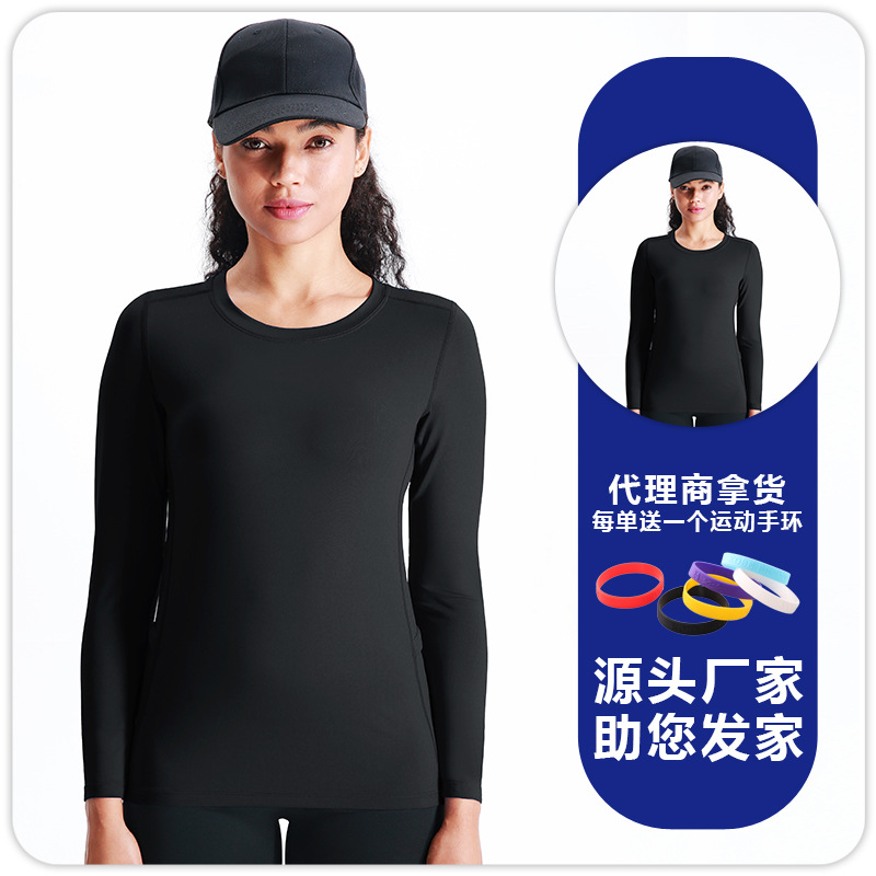 Camiseta de cuello redondo de manga larga deportiva transpirable de secado rápido para mujer, bolsillos bilaterales elásticos, ropa de fitness para correr informal suave y agradable para la piel