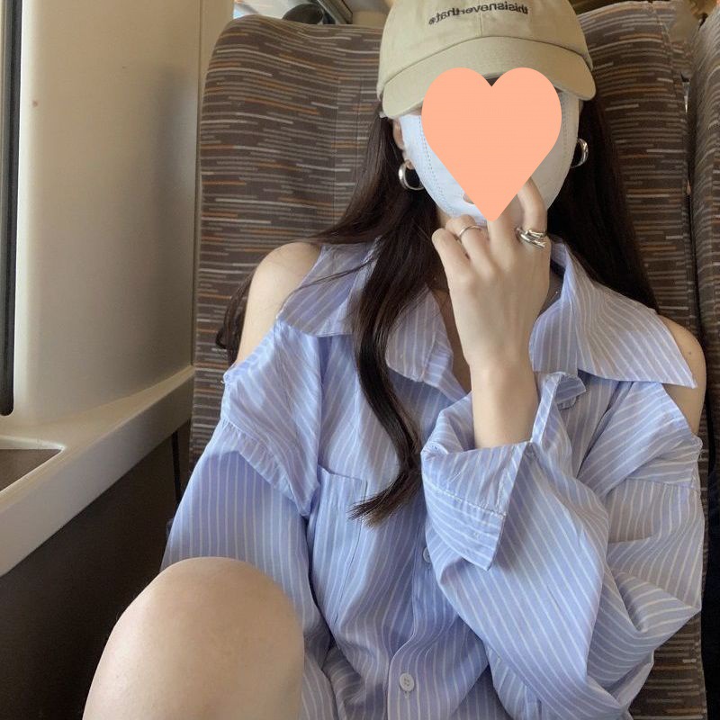 露肩条纹衬衫女夏季2022年新款韩风chic宽松设计感中长款长袖上衣|ru