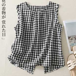 2025 Summer Retro Hong Kong Style Plaid Sleeveless Vest Women's Summer Back Slit Shirt Trendy