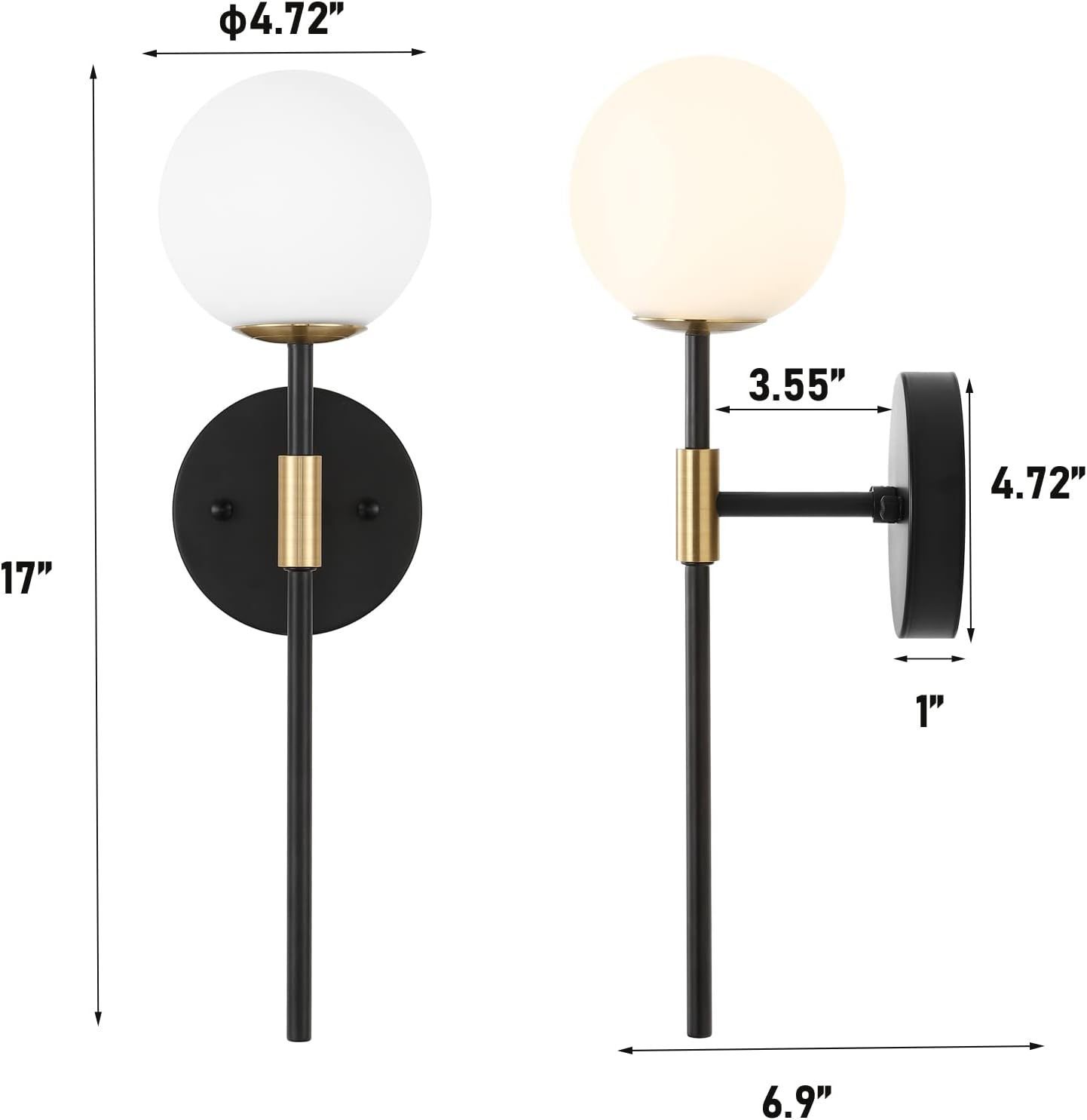 Lámpara de pared moderna moderna medieval minimalista posmoderna con pantalla de vidrio de bola blanca Lámpara de pared negra Lámpara de baño