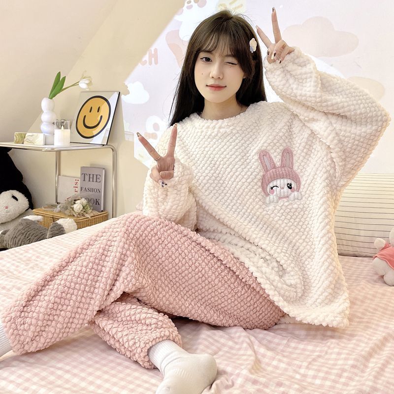 睡衣女秋冬季珊瑚绒加厚保暖韩版束口卡通可爱法兰绒家居服套装女|undefined