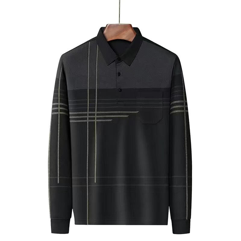 Autumn Dad's Long-sleeved T-shirt Men's POLO Base Shirt Striped Top Middle-aged and Elderly T-shirt Men's Real Pocket