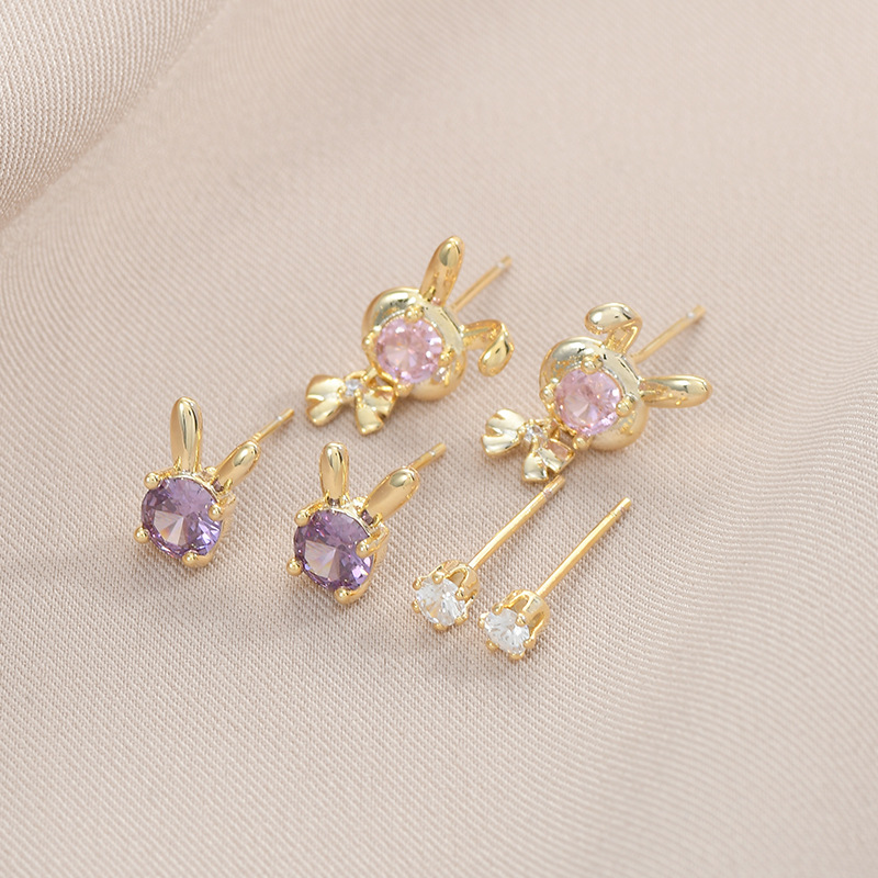 3 Pairs Cute Rabbit Copper Inlay Zircon Ear Studs display picture 4