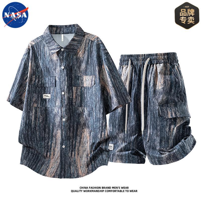 NASA brendining yuqori sifatli galstuk bo'yalgan erkaklar yozgi ko'ylagi kostyumi, havo o'tkazadigan oddiy erkin shortilar to'plami