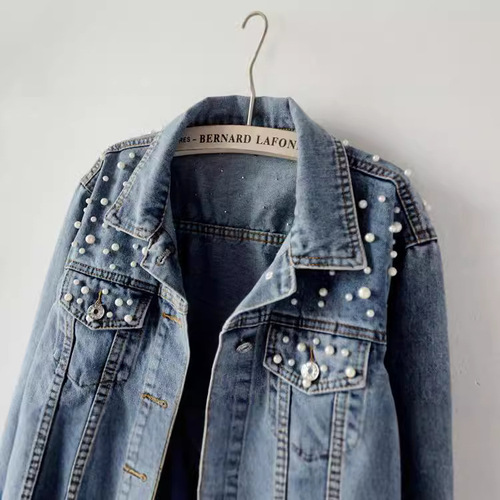 Women's European Plus Size Denim Jacket with Embroidered Beads and Diamond Decoration, Student Style Jacket, Loose Fit