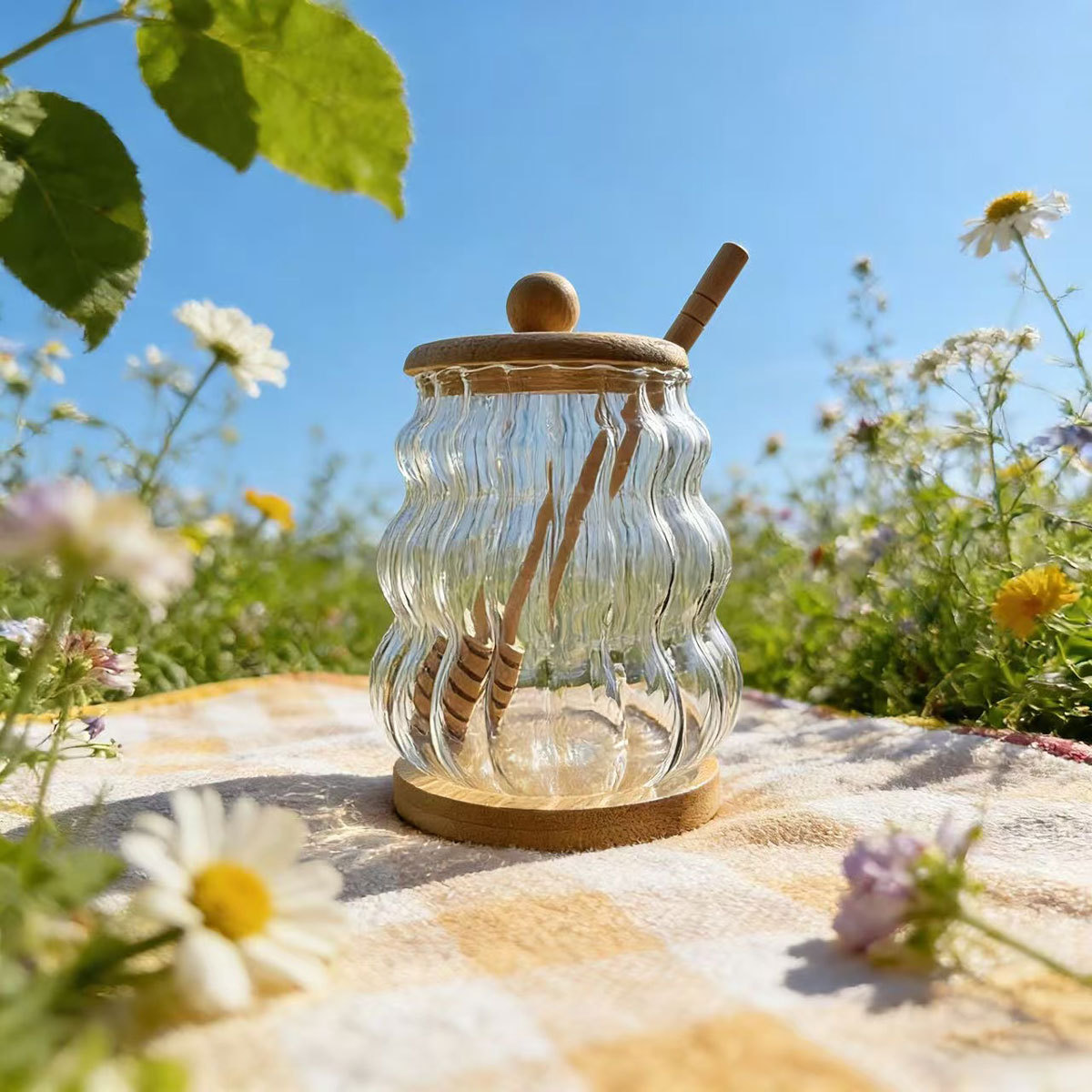 tanque de sellado de vidrio de alto borosilicato de bambú cubierta con barra de agitación tanque de almacenamiento de miel transparente almacenamiento doméstico de alto valor facial