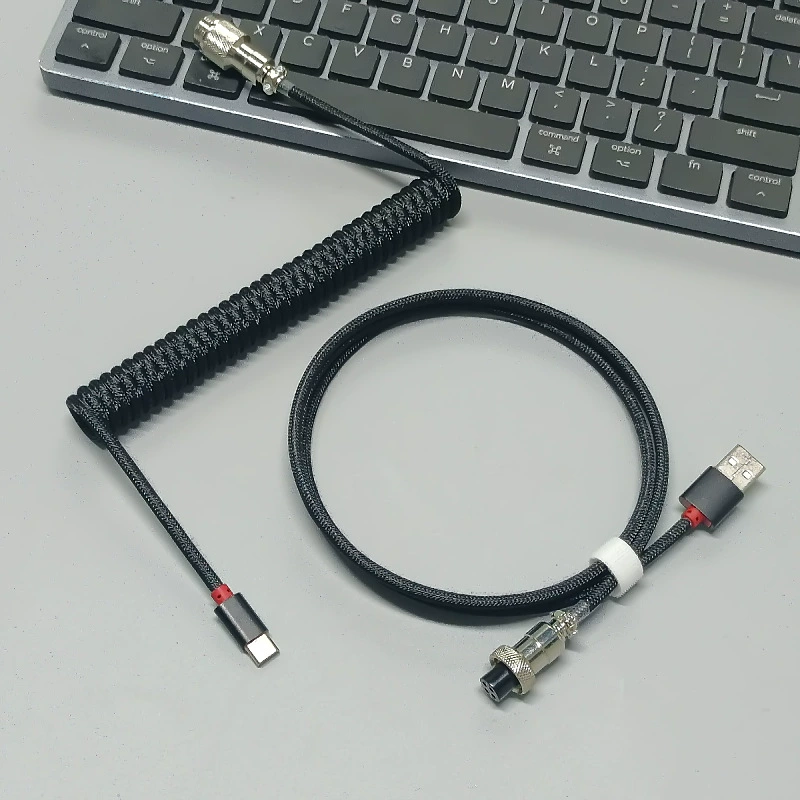 Coiled USB Keyboard Cable with Detachable Aviator Plug, Nylon-Braided, Custom Colors