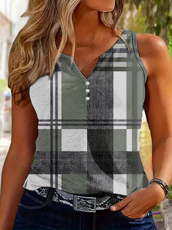 Women's Plaid Print Color-Block Tank Top, Loose Fit Sleeveless Summer Casual Vest, Breathable Milk Silk Blend Fabric_ecoleips.com
