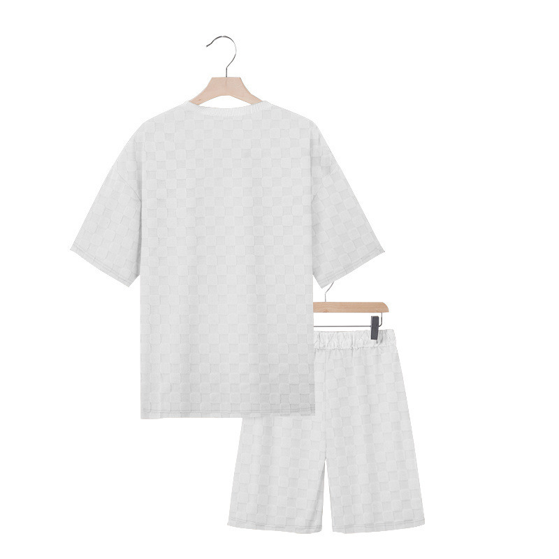 Muscle Doctor Men's Summer Jacquard Checkered Short Sleeve T-Shirt & Shorts Set, Loose Fit High Street Casual Outfit_viptrois.com