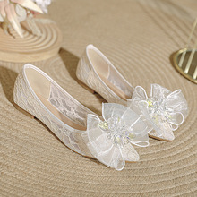 小香风尖头单鞋女夏平底蝴蝶结配裙子气质瓢鞋大码女鞋41一43船鞋