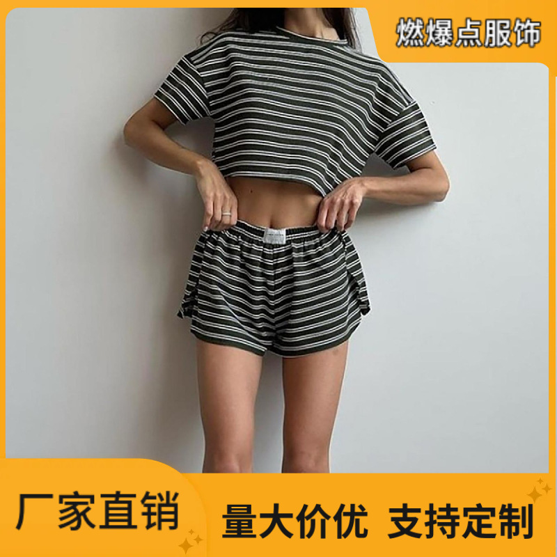 Customized Women's Loungewear Black and White Striped Short-Sleeved Shorts High-Waisted Side Slit Loose Women's Summer Suit Pajamas French Style