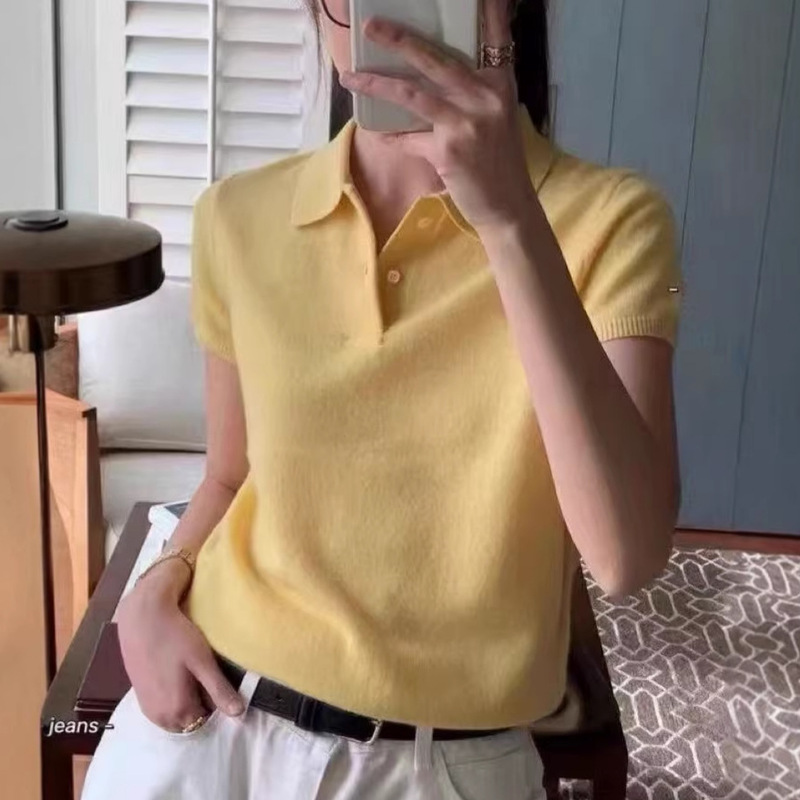 Ralph Polo Tencel Wool Short Sleeve Sweater with Pony Embroidery, Thin Two-Button Knit Slim Fit Top for Women Ralph Polo Tencel Wool Short Sleeve Sweater with Pony Embroidery, Thin Two-Button Knit Slim Fit Top for Women