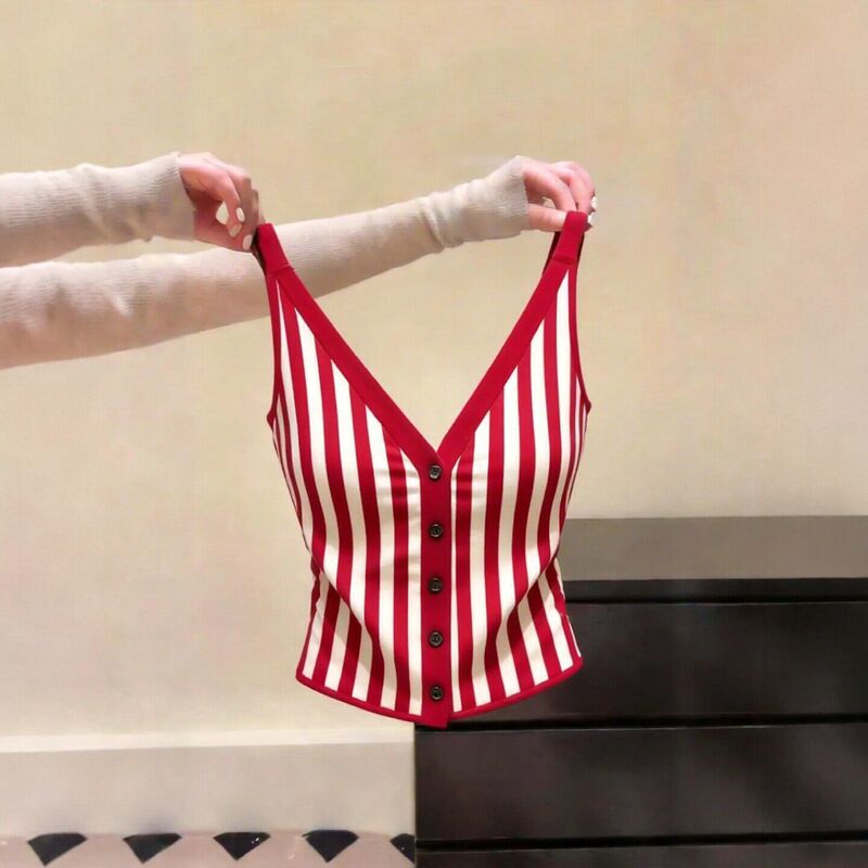Women's American-Style Spicy Girl Style V-Neck Red and White Striped Camisole, Waist-Cinching Slim-Fit Summer Versatile Trendy Top Women's American-Style Spicy Girl Style V-Neck Red and White Striped Camisole, Waist-Cinching Slim-Fit Summer Versatile Trendy Top