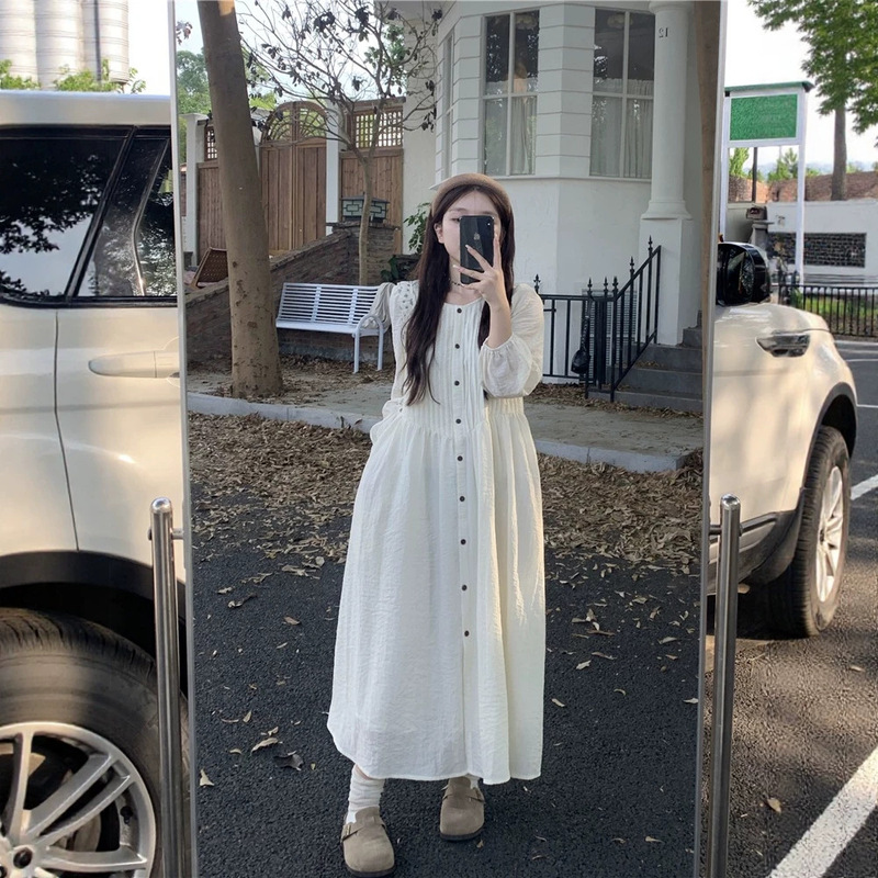 Korean-style pleated long-sleeve dress for women, 2026 autumn new design, high-waisted loose long dress for women Korean-style pleated long-sleeve dress for women, 2026 autumn new design, high-waisted loose long dress for women