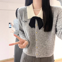 小香风蝴蝶结灰色毛衣外套女秋季设计感长袖针织开衫小众短上衣