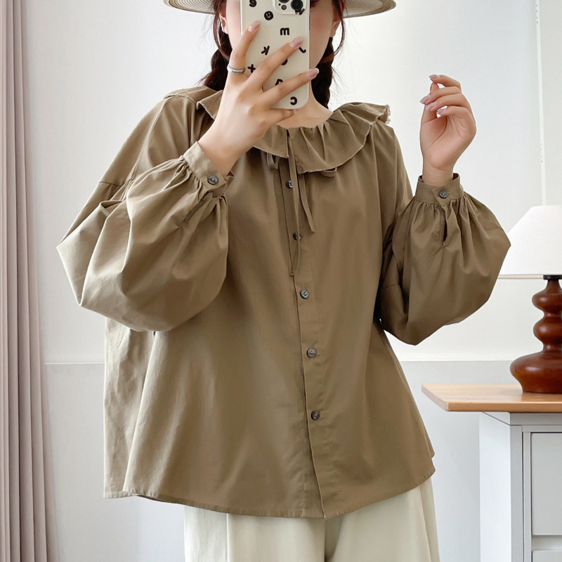 Large Collar, Forest Style Neckline, Drawstring Ruffle Collar Design, Artistic Shirt Top Shirt