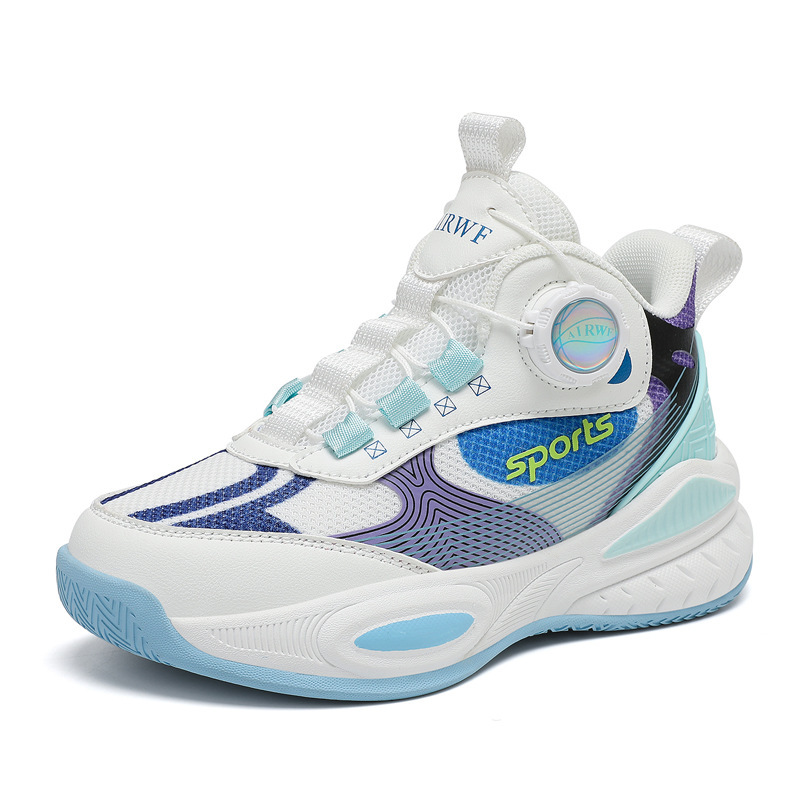 New Children's Basketball Shoes, Student Sports and Casual Shoes, Middle and Large Children's Campus Running Shoes, Thick-Soled Rotating Buckle Children's Shoes