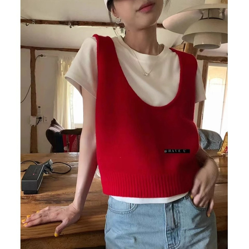Wool Knitted Vest U-Neck Stretch Short Korean Style Instagram Style Wide Shoulder Strap Stacked Vest for Women