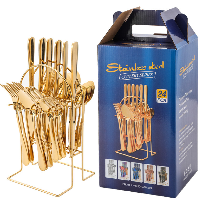 Cubiertos de acero inoxidable 24 piezas, incluye cuchillo para carne y estante – para restaurante y hotel.