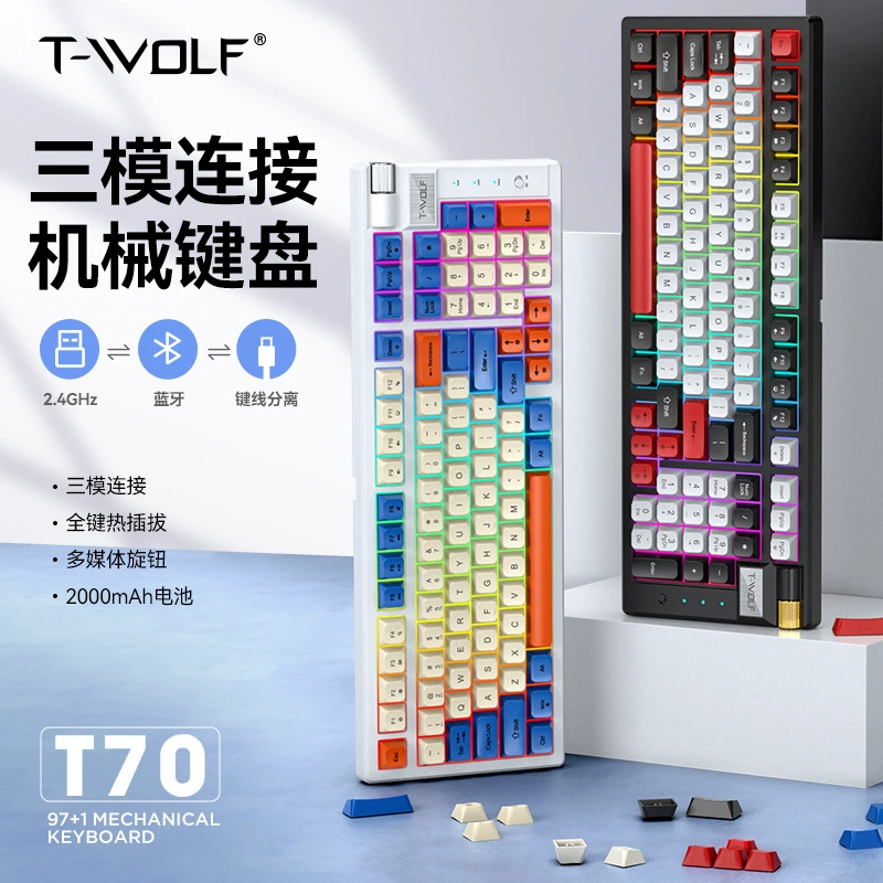 Беспроводная механическая клавиатура T-WOLF Thunder Wolf T70 Bluetooth в три режима RGB цветной блок горячей смены красная ось