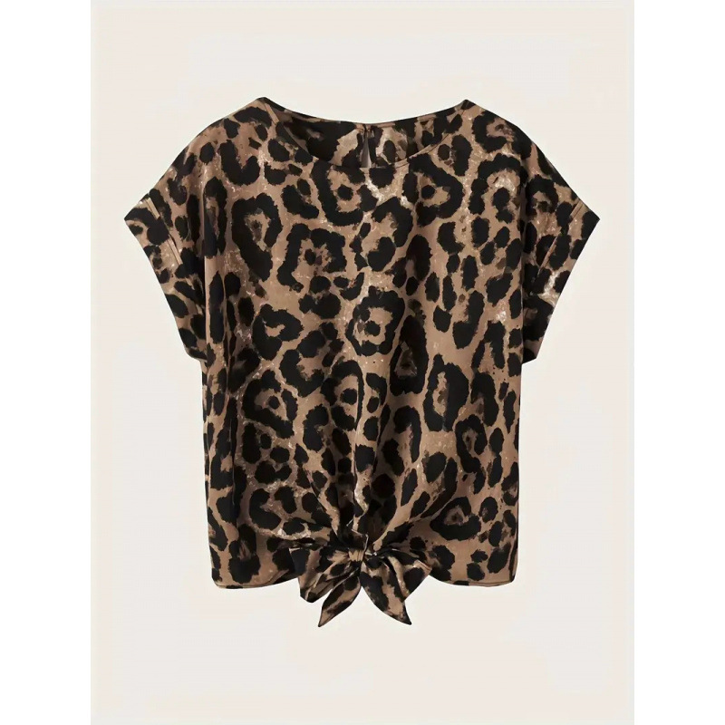 Cross-Border Popular European and American Women's Fashion Casual Round-Neck Leopard Print Tie-Front Short-Sleeve Shirt Amazon Independent Site