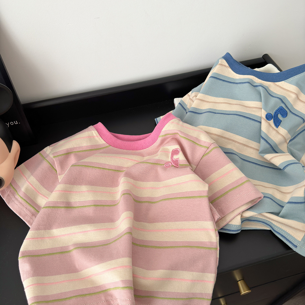 Children's T-Shirt 2026 Summer New Stylish Short-Sleeve T-Shirt for Boys and Girls, Embroidered Striped Top for Toddlers and Young Children, Baby Base Layer