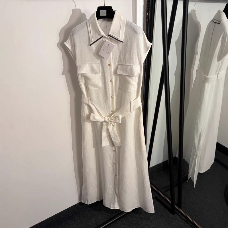 Nanyouhuo Bc New Style Chest Pocket Pearl Chain Decoration Double-Layered Lapel Tie Waist Sleeveless Vest Dress