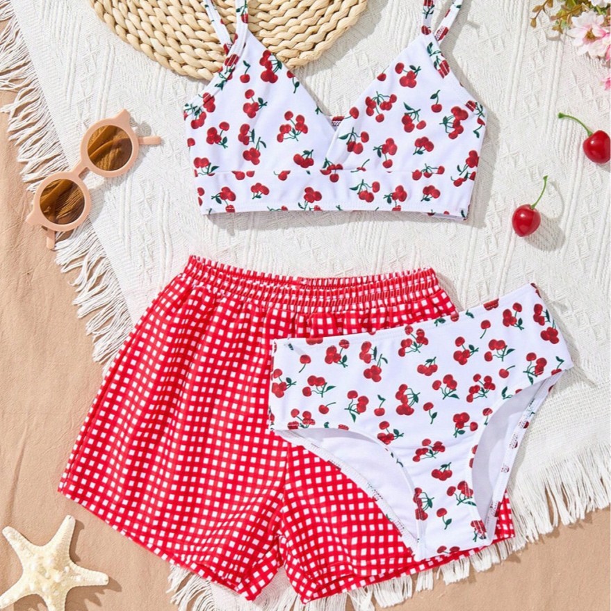 Driedelige zwemkledingset voor dames en kinderen, ideaal voor warmwaterbronnenvakanties en watersporten - dunne katoen-polyester zwemkleding_voghion.com