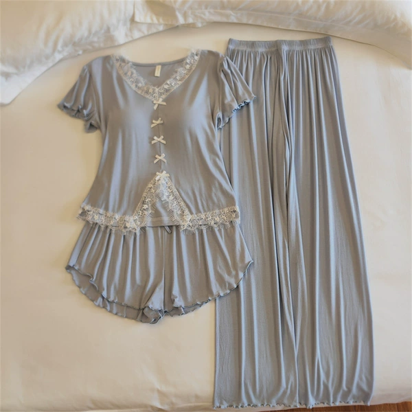Short-sleeved three-piece set 33037# milk blue (fixed chest pad)