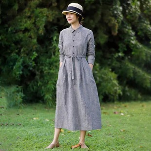 2025 Spring and Autumn New Retro Literary Loose Large Size Women's Plaid Cotton and Linen Waist Slim Shirt Dress